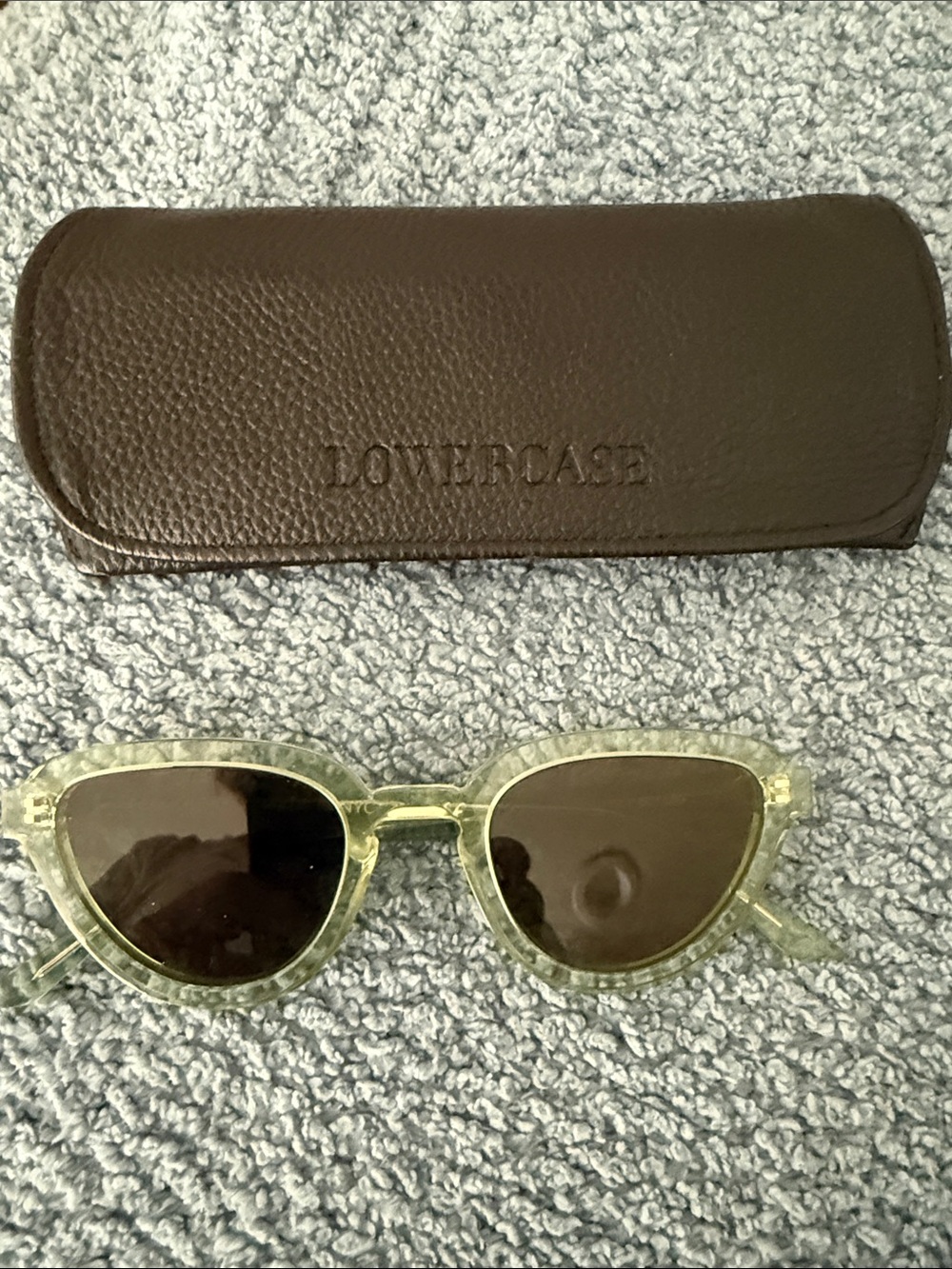 Lowercase Clear Green Cat-Eye Sunglasses with Brown Case
